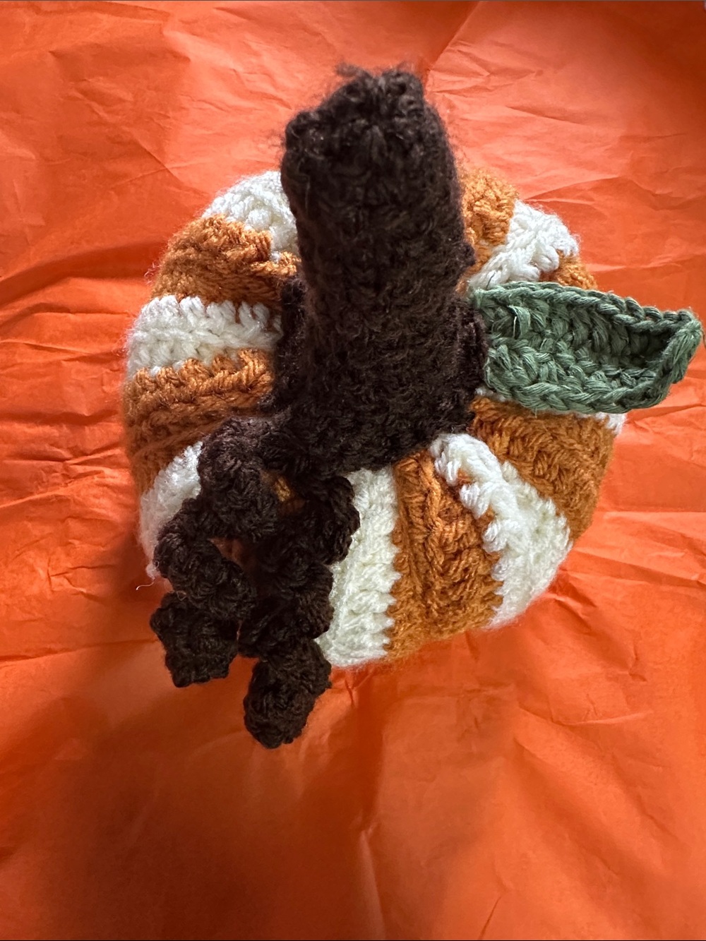 Handcrafted Knit Pumpkin Accent in Orange, White & Green